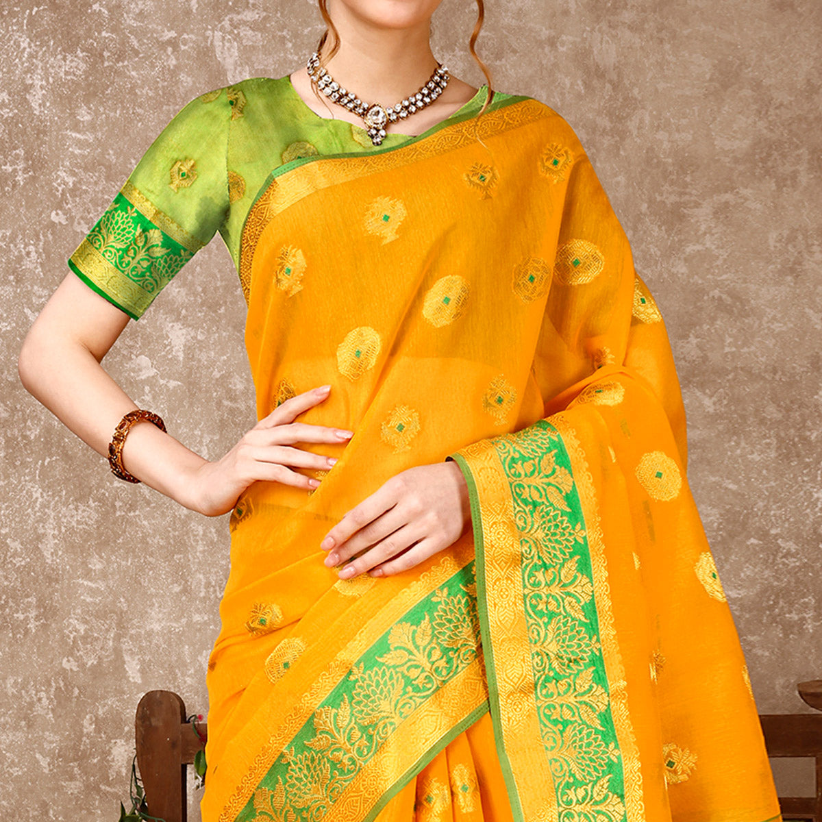 Yellow Floral Woven Cotton Silk Saree