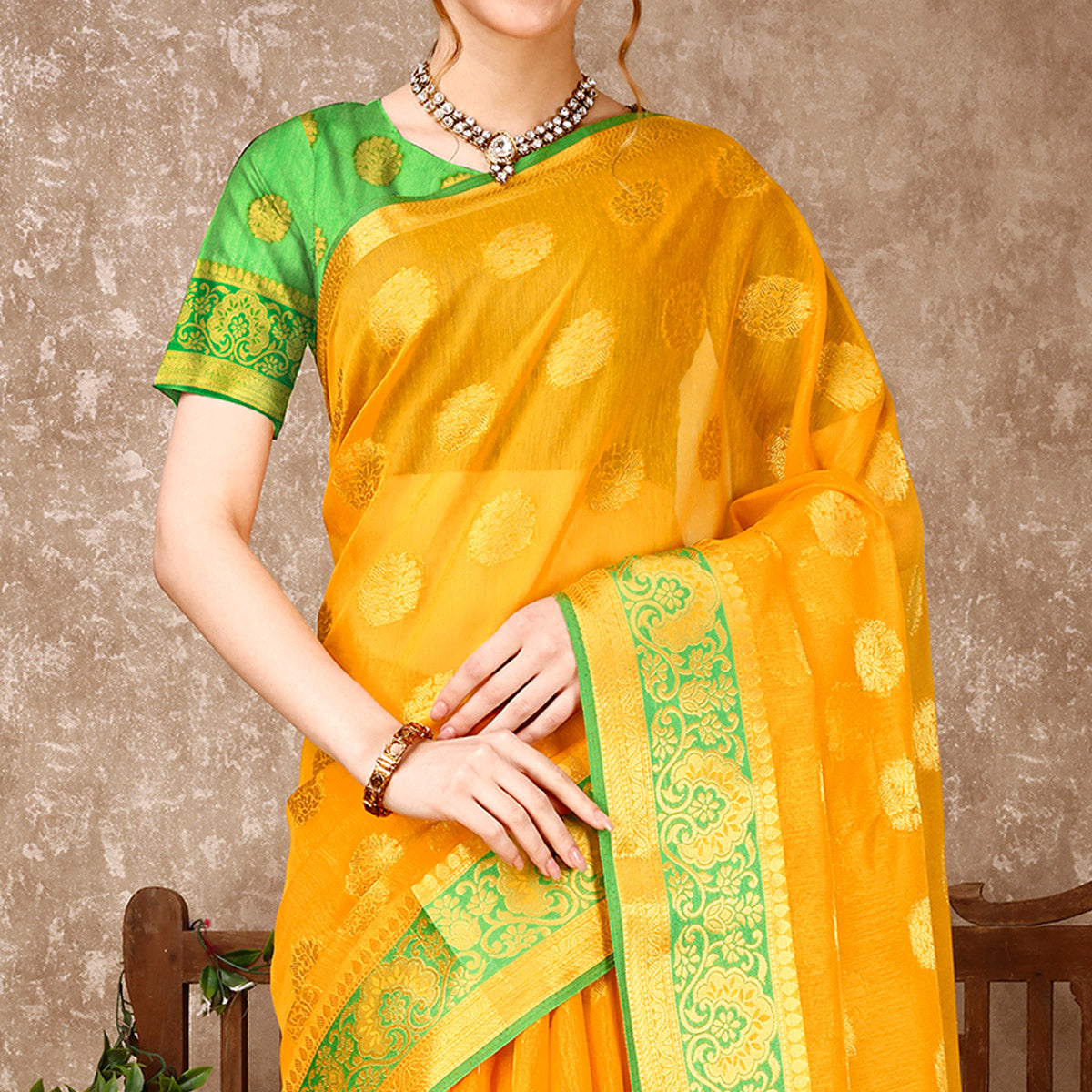 Yellow Floral Woven Cotton Silk Saree