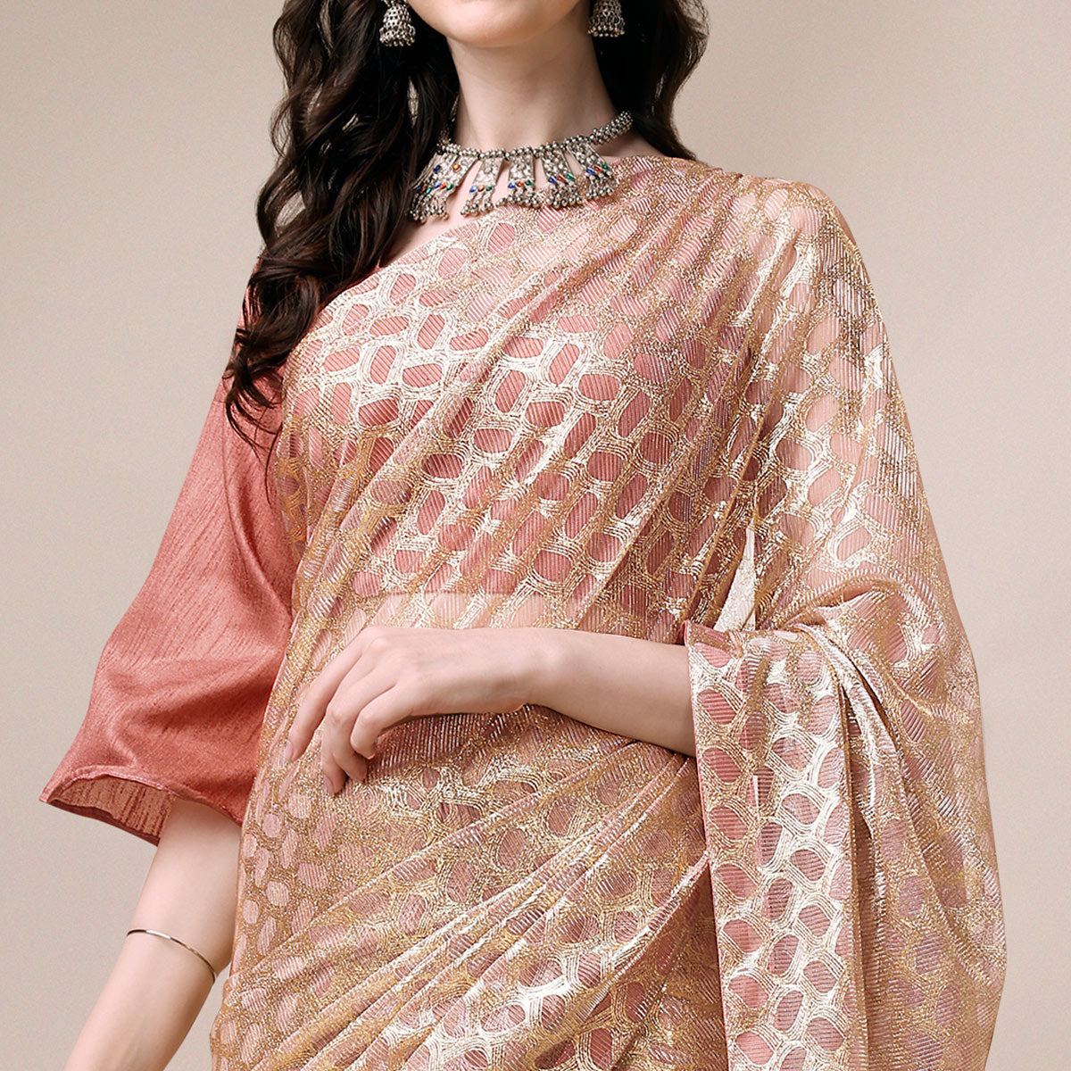 Onion Pink Foil Printed Rayon Saree