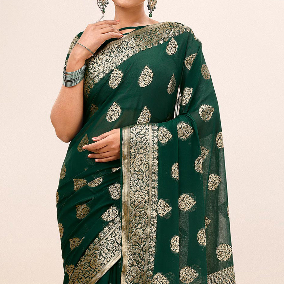 Dark Green Woven Chiffon Saree With Tassels