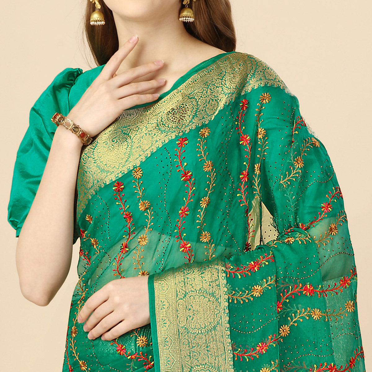 Green Floral Embroidery With Swarovski Work Organza Saree