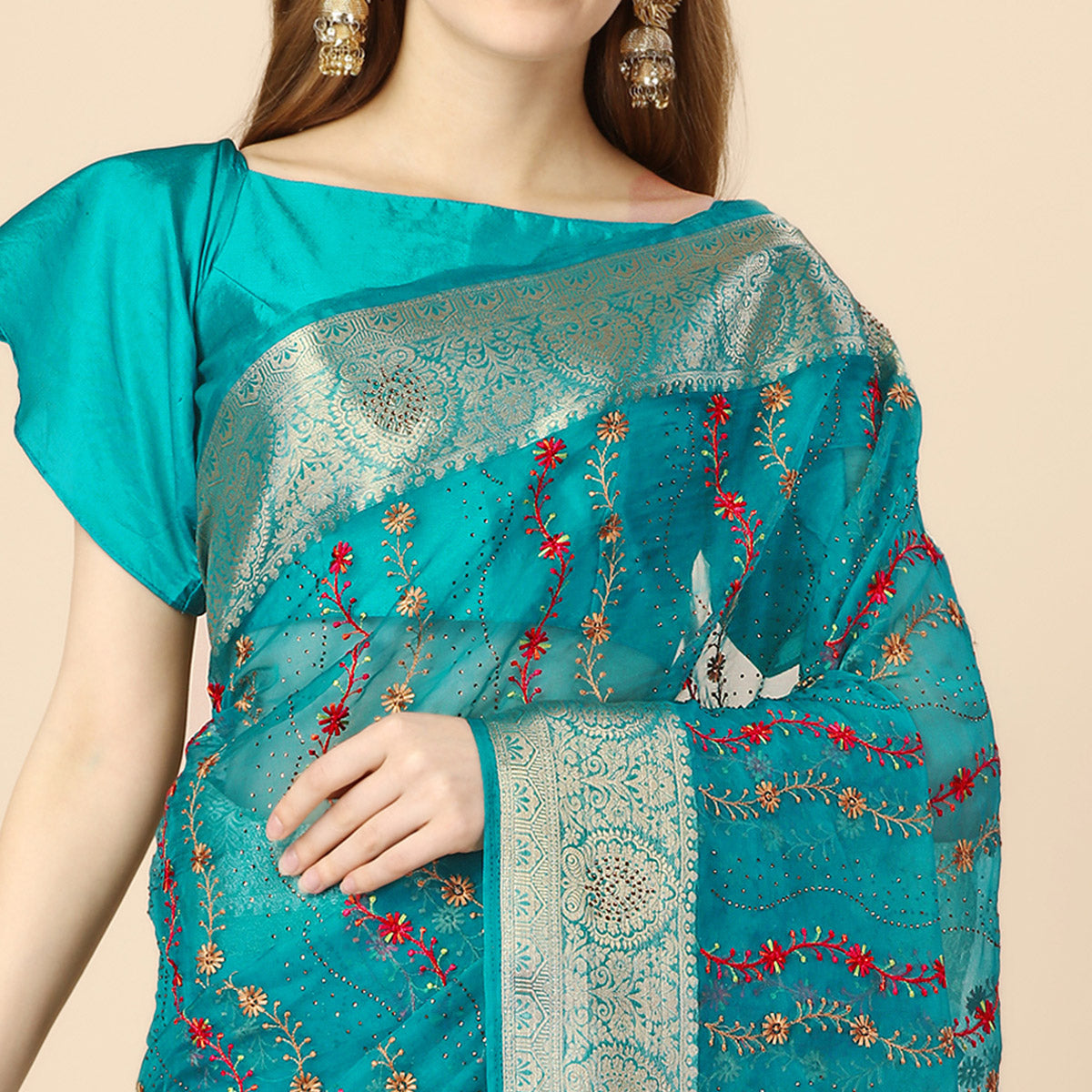 Rama Blue Floral Embroidery With Swarovski Work Organza Saree