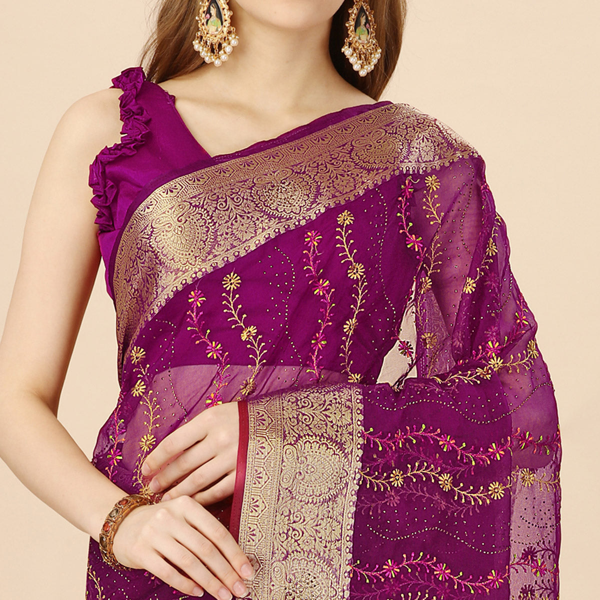 Purple Floral Embroidery With Swarovski Work Organza Saree