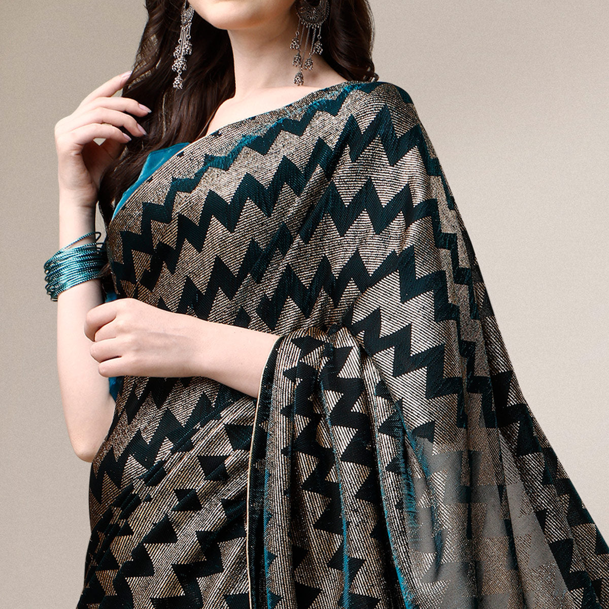 Teal Blue Digital Foil Printed Rayon Saree