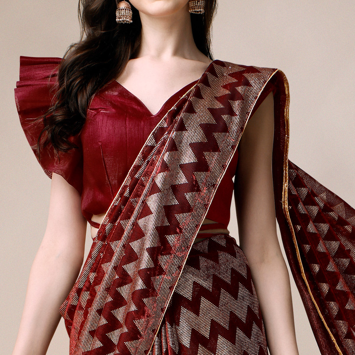 Maroon Digital Foil Printed Rayon Saree