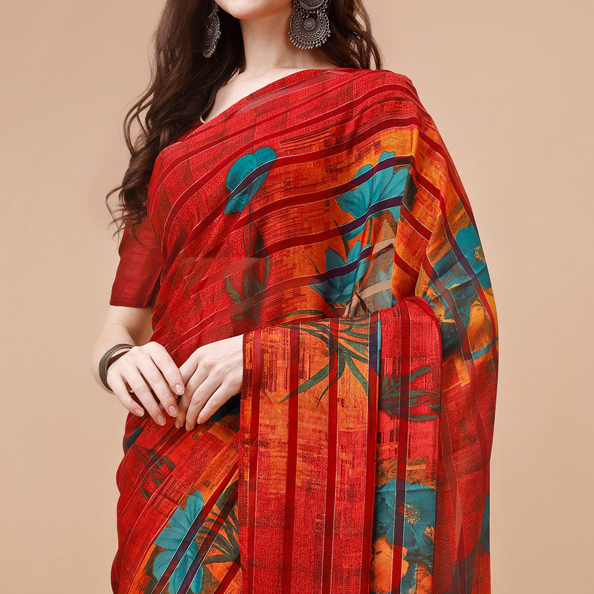 Red Floral Printed Georgette Saree