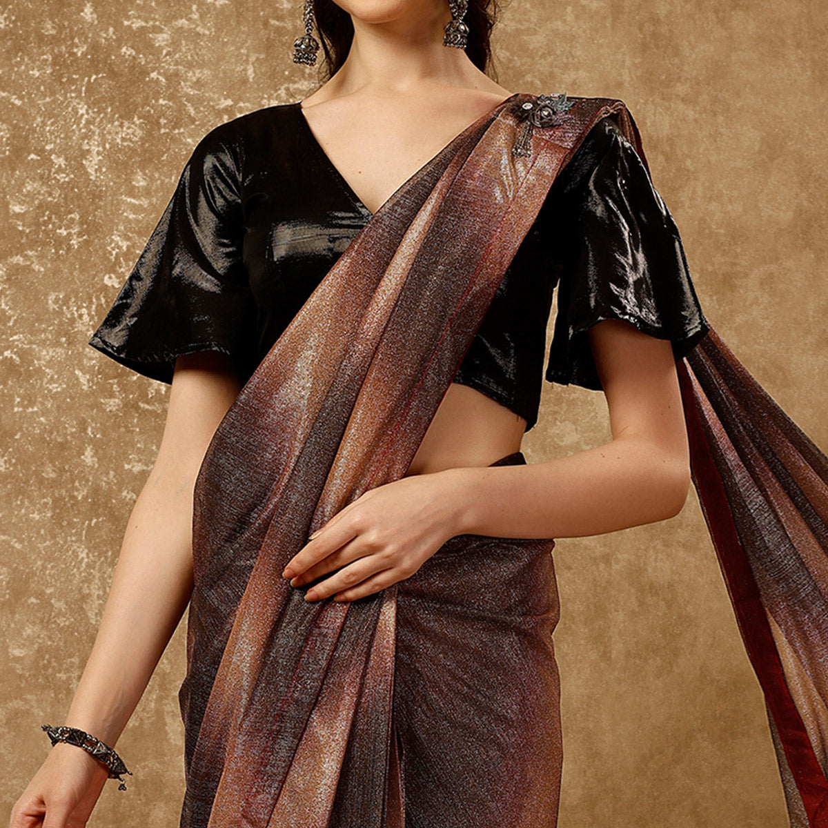 Brown Ombre Printed Lycra Ready To Wear Saree