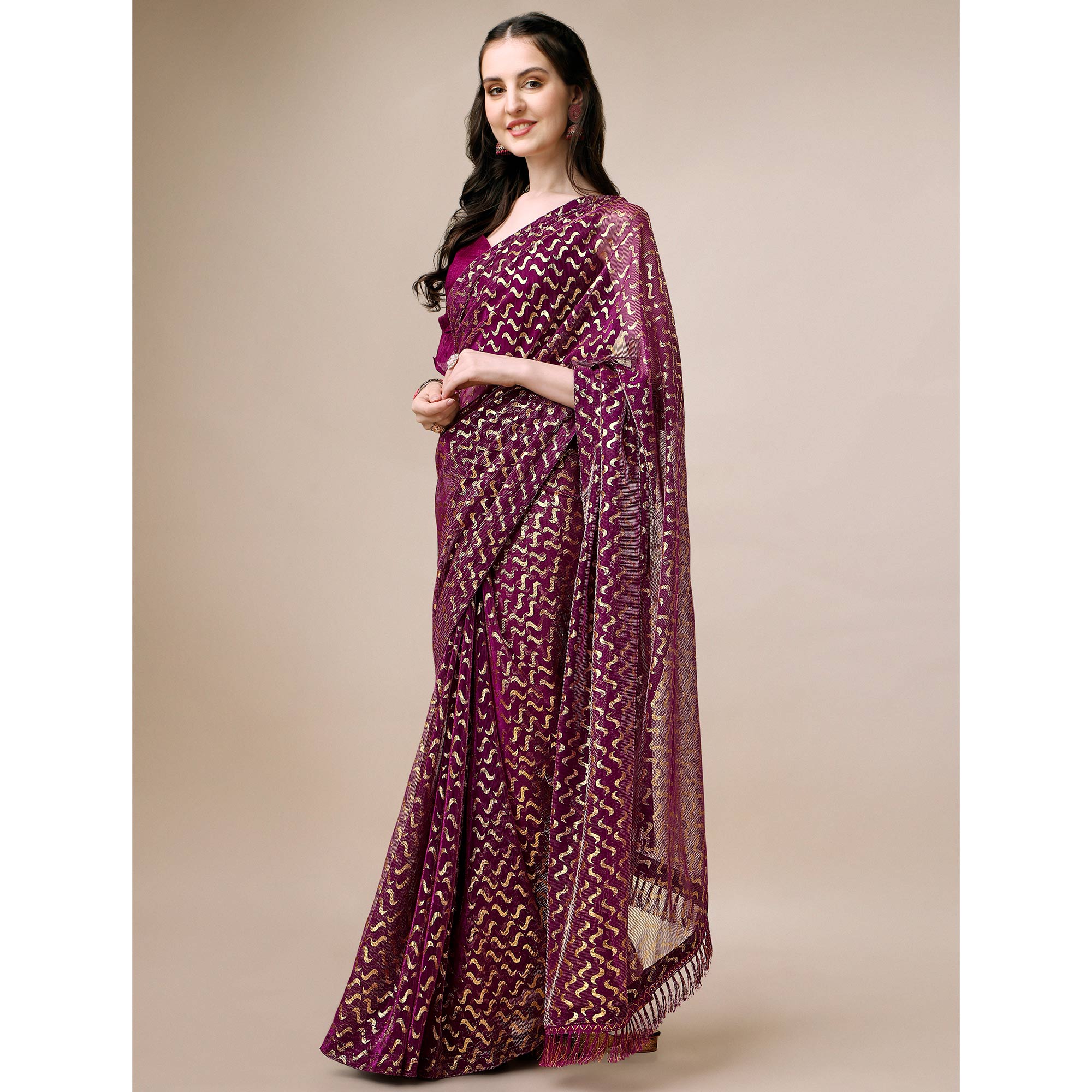 Wine Foil Printed Rayon Saree