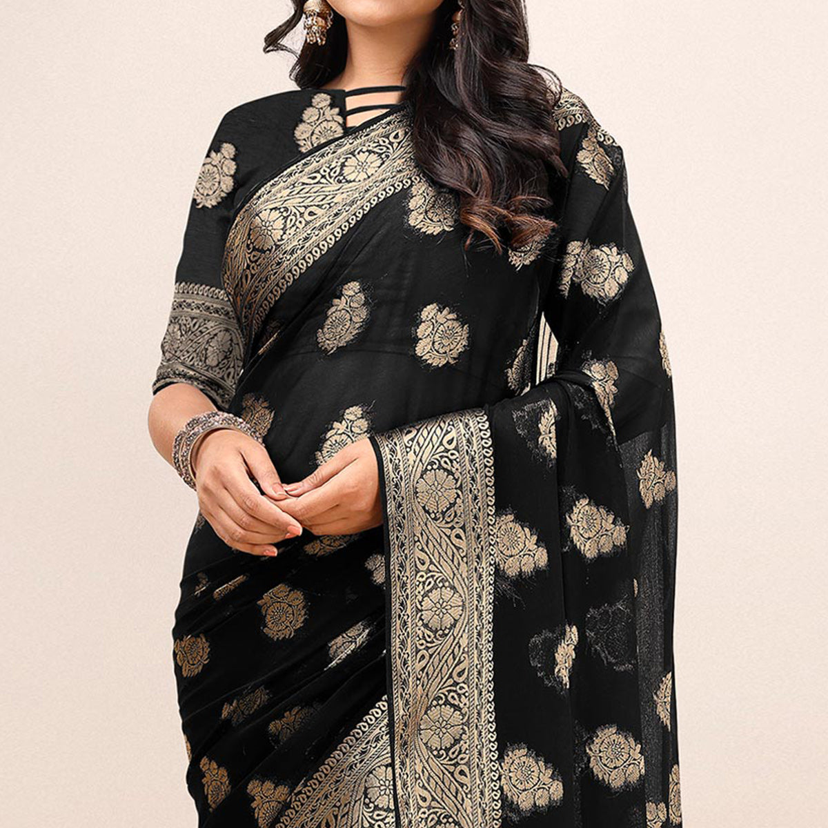 Black Woven Chiffon Saree With Tassels