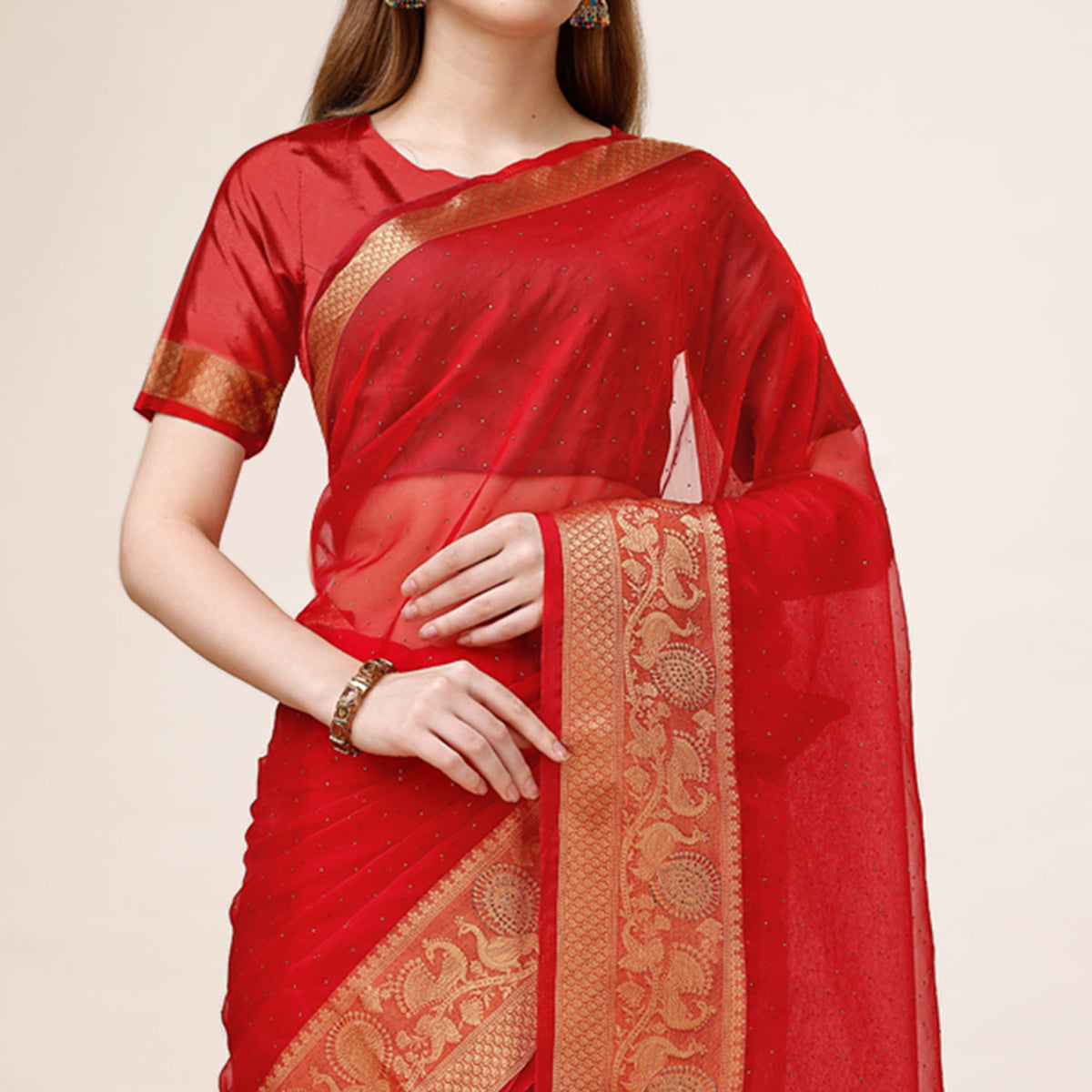 Red Swarovski Work Organza Saree With Tassels