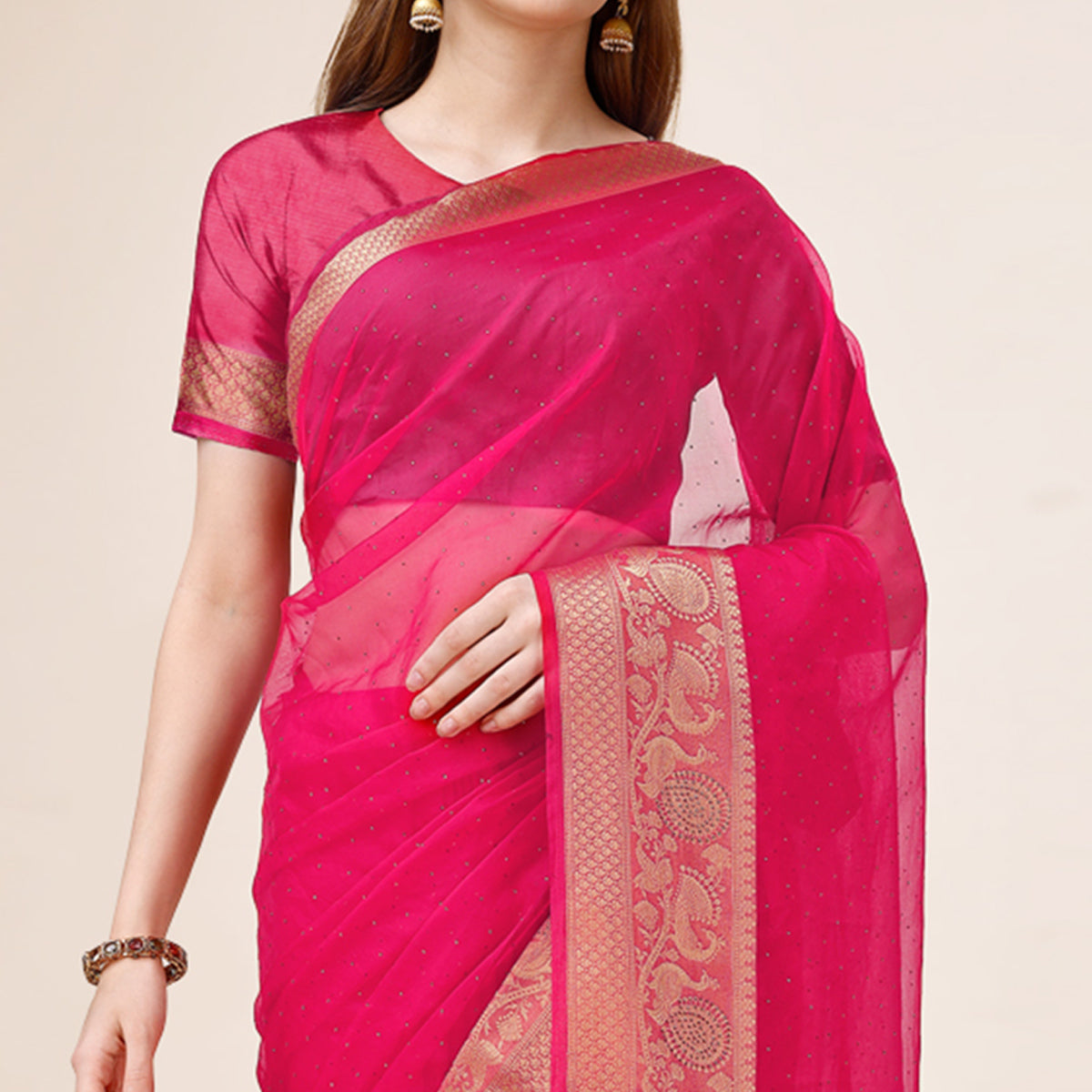 Pink Swarovski Work Organza Saree With Tassels