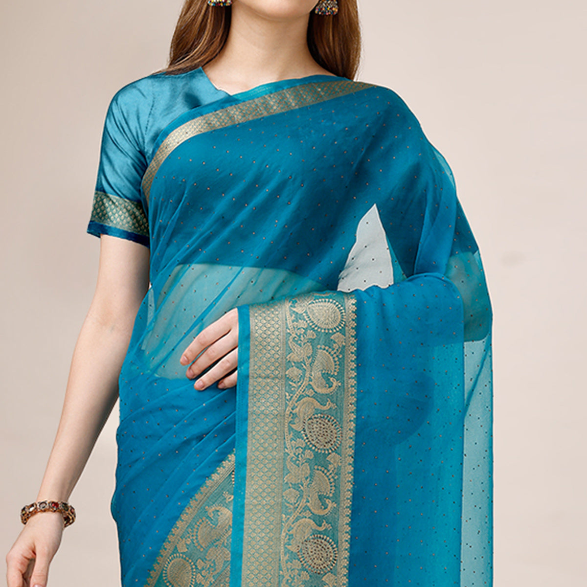 Blue Swarovski Work Organza Saree With Tassels