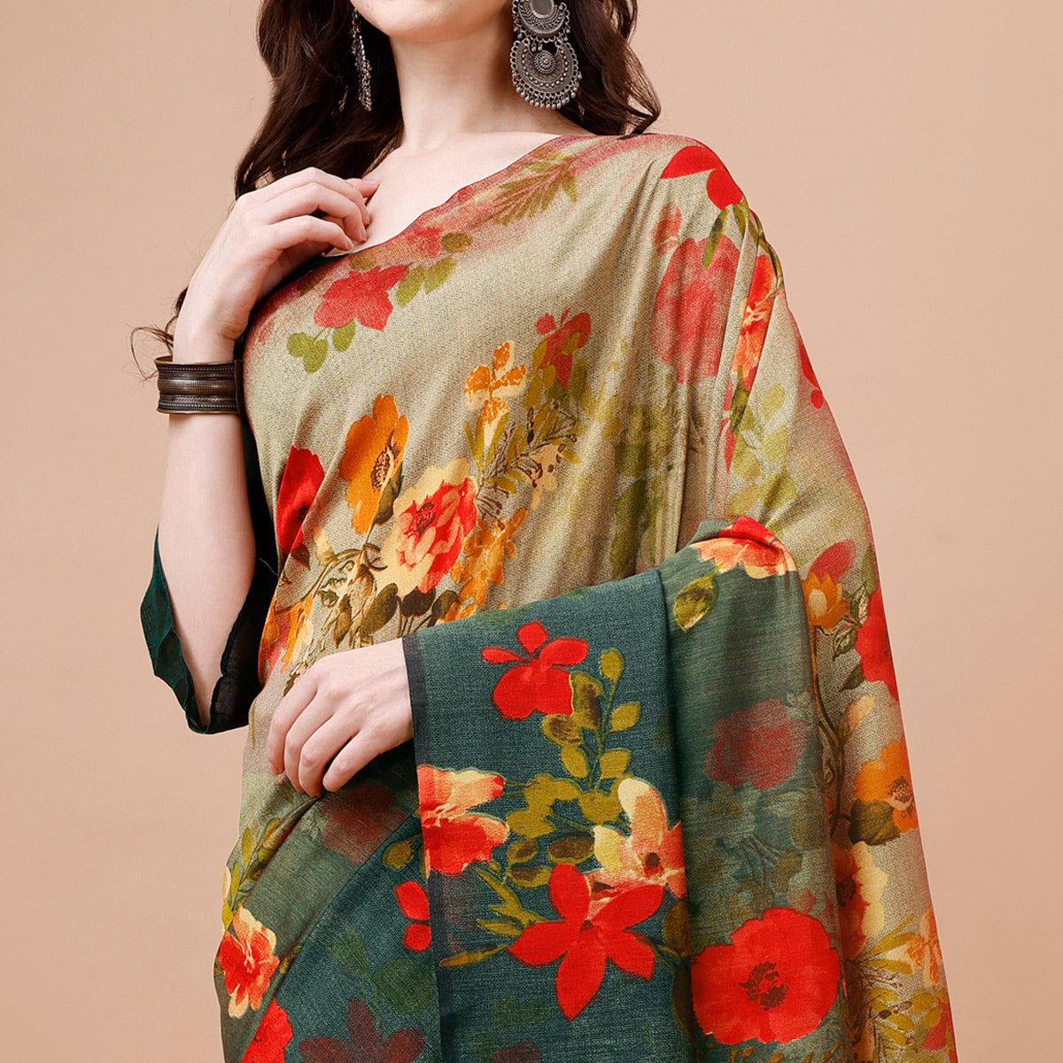 Green & Brown  Floral Printed Vichitra Silk Saree