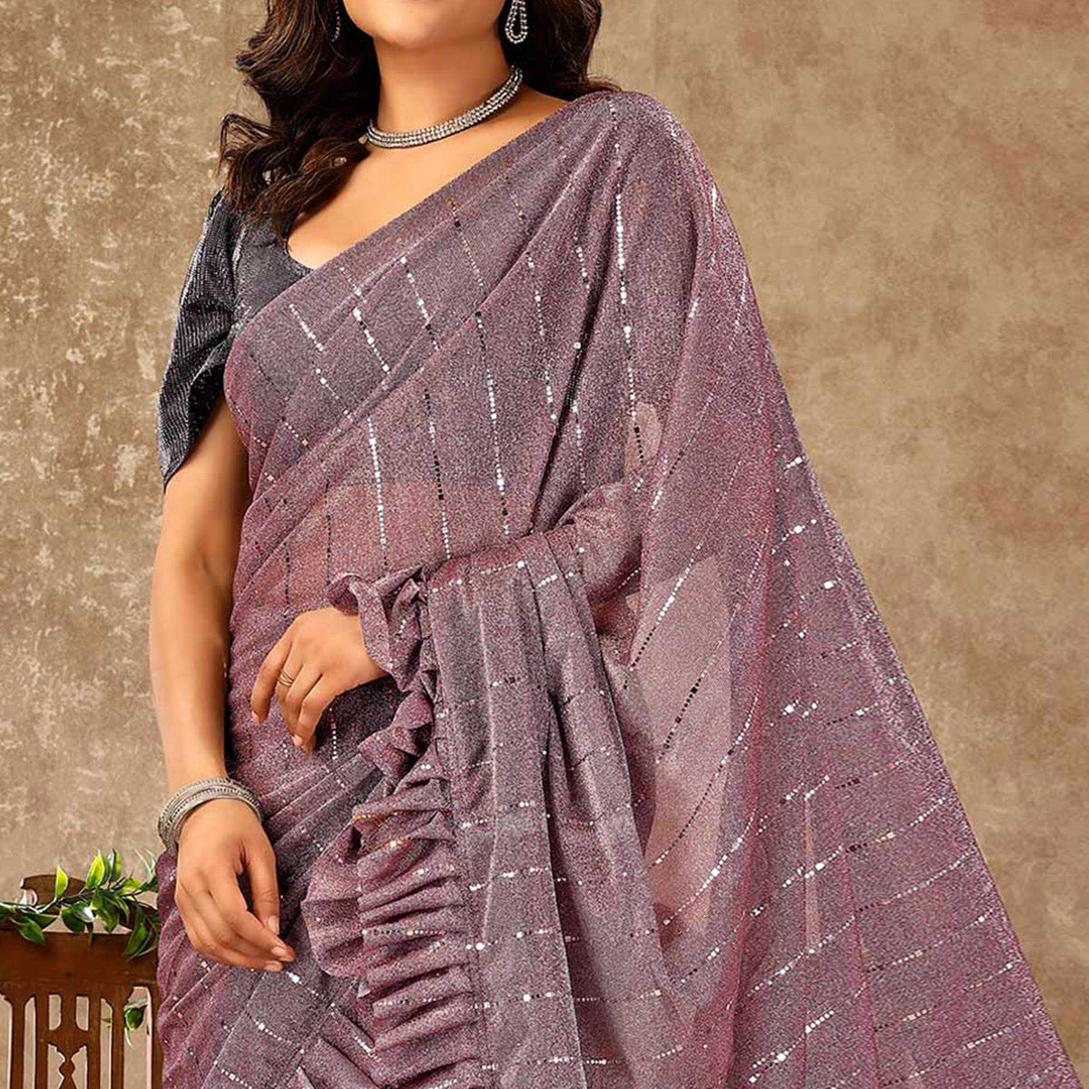 Purple Tikki Work Lycra Ready To Wear Ruffle Saree