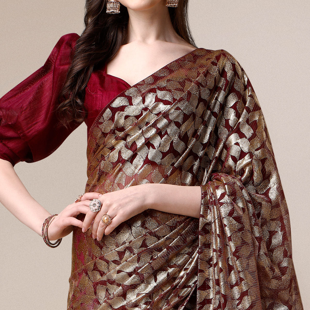 Wine & Gold Foil Printed Rayon Saree