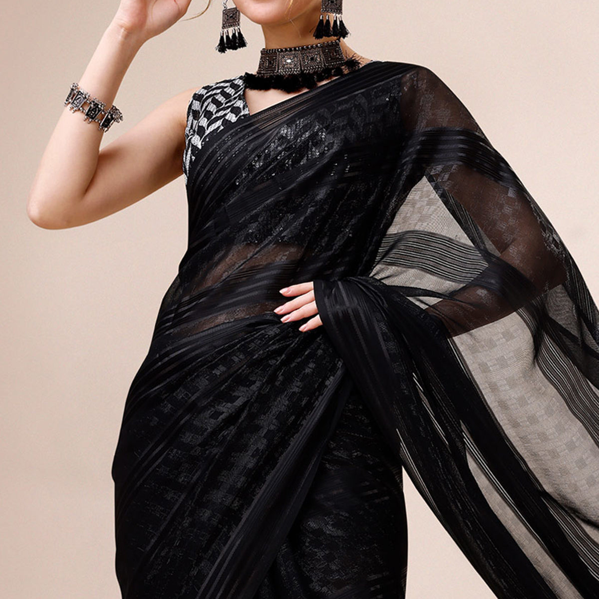 Black Striped Woven Chiffon Saree