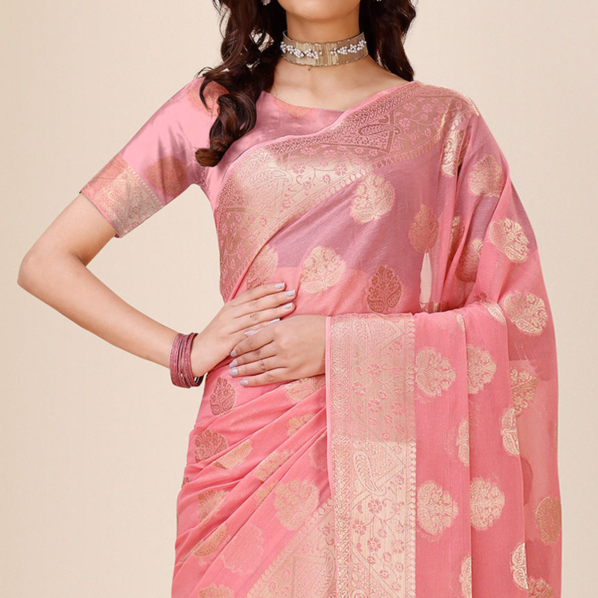 Light Pink Woven Chiffon Saree