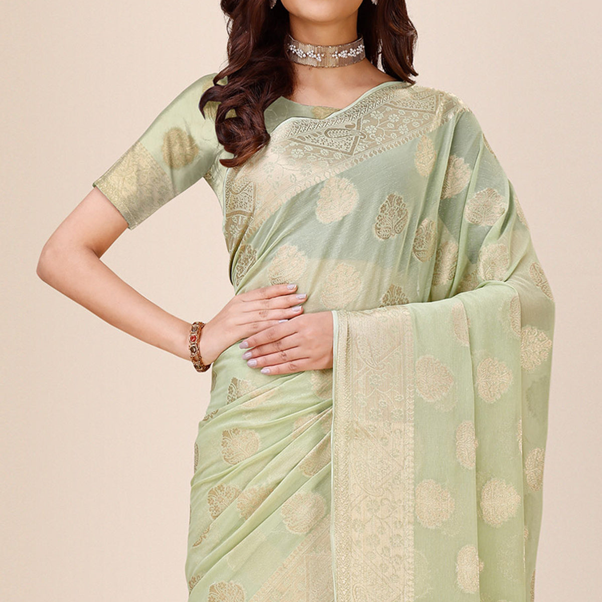 Light Green Woven Chiffon Saree