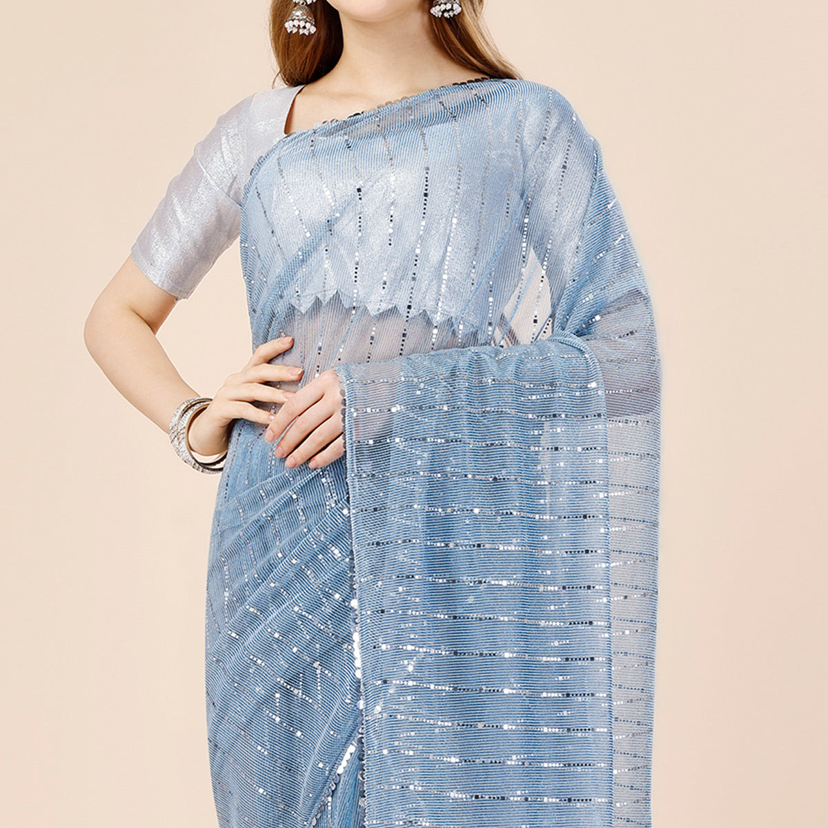 Blue Tikki Work Lycra Saree With Embroidered Border