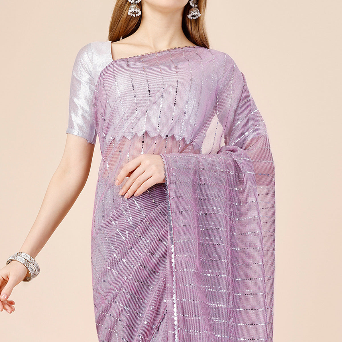 Lavender Tikki Work Lycra Saree With Embroidered Border