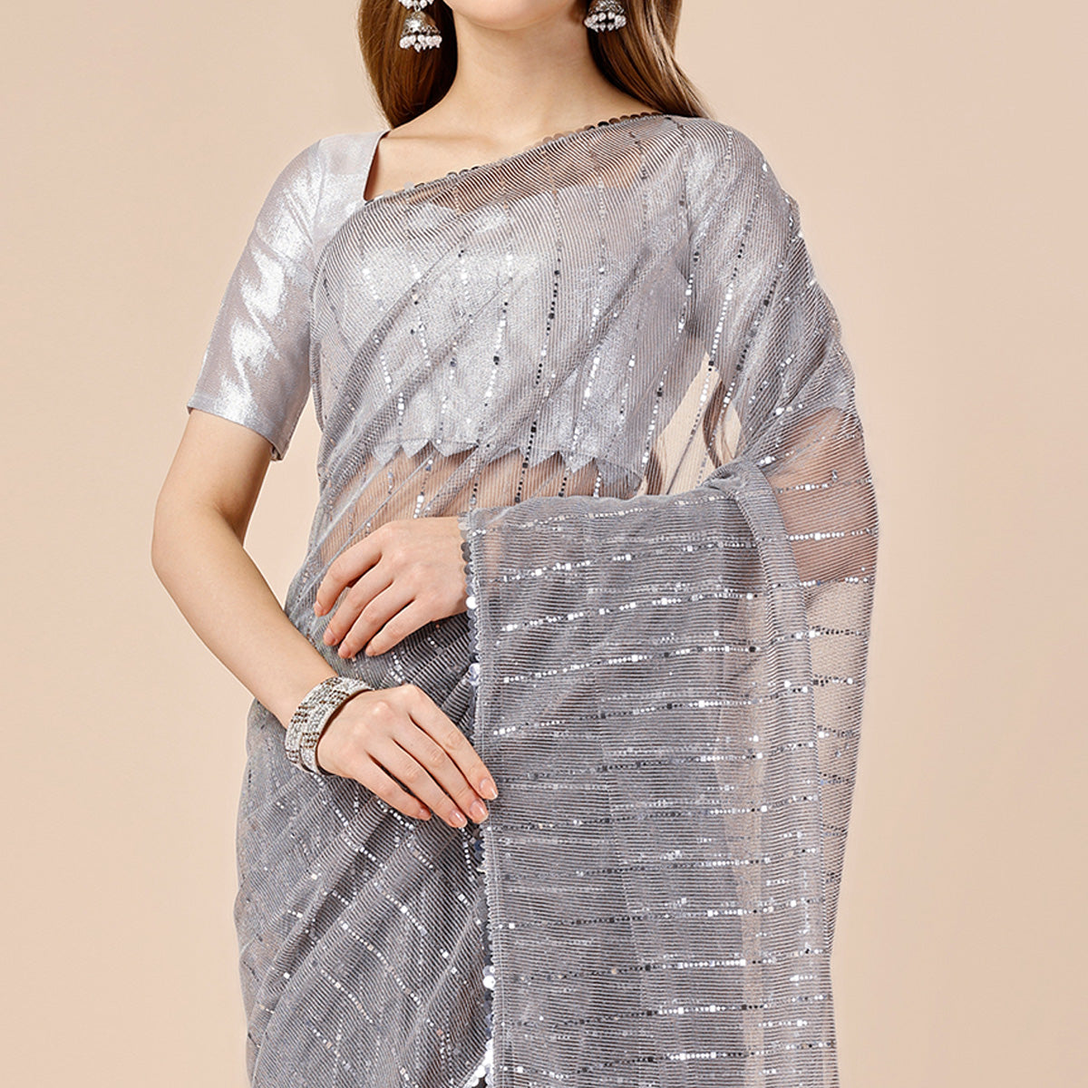 Grey Tikki Work Lycra Saree With Embroidered Border