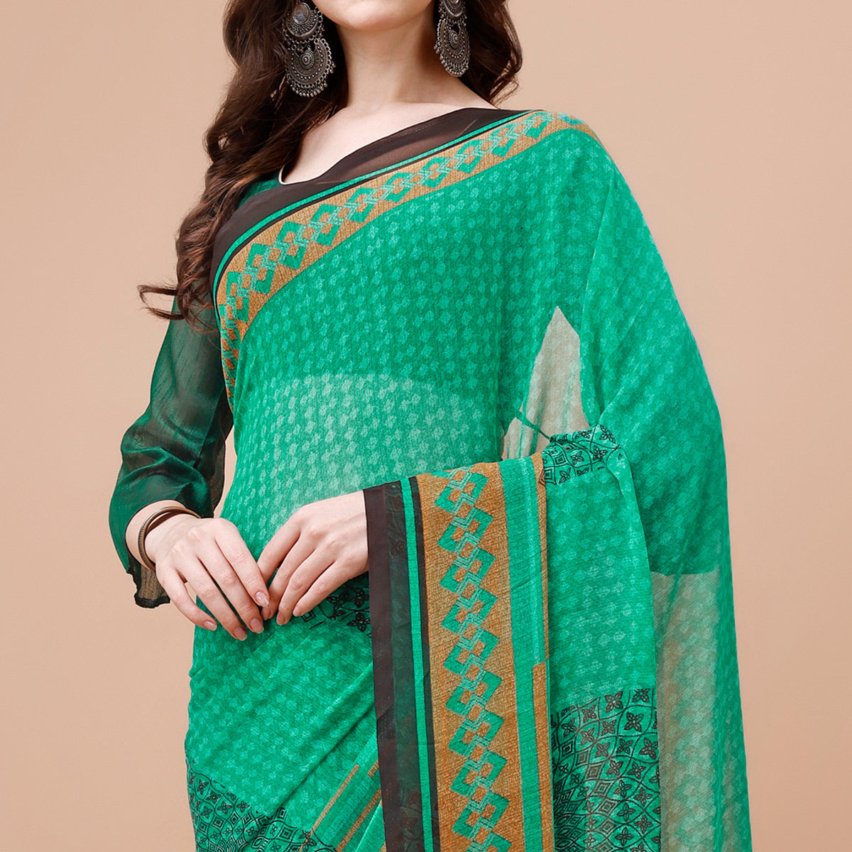 Green Floral Printed Georgette Saree