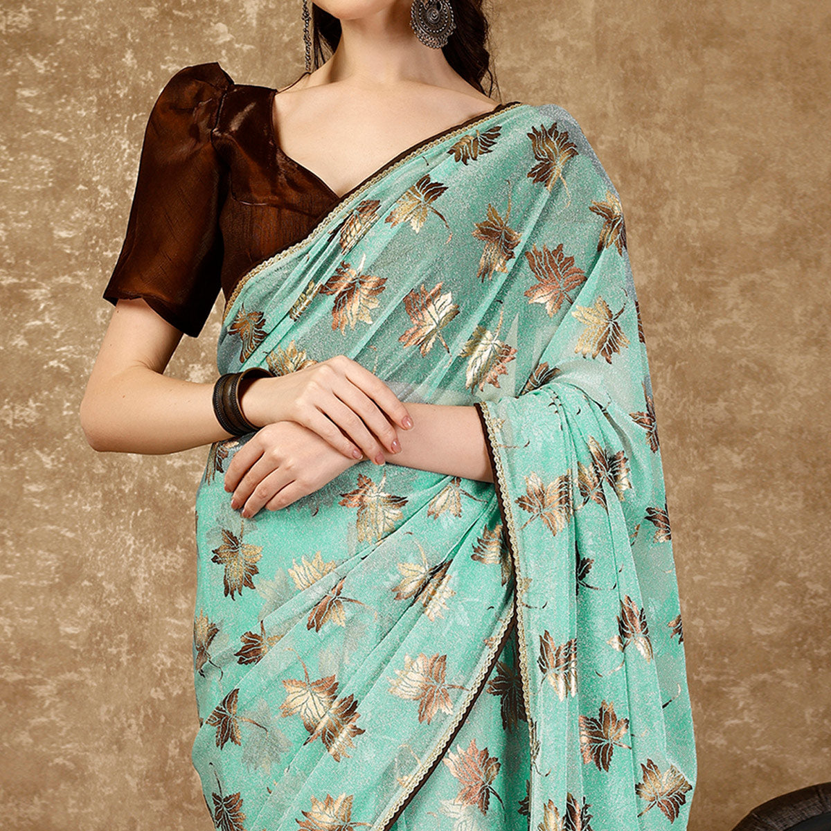 Turquoise Foil Printed Lycra Ready To Wear Saree