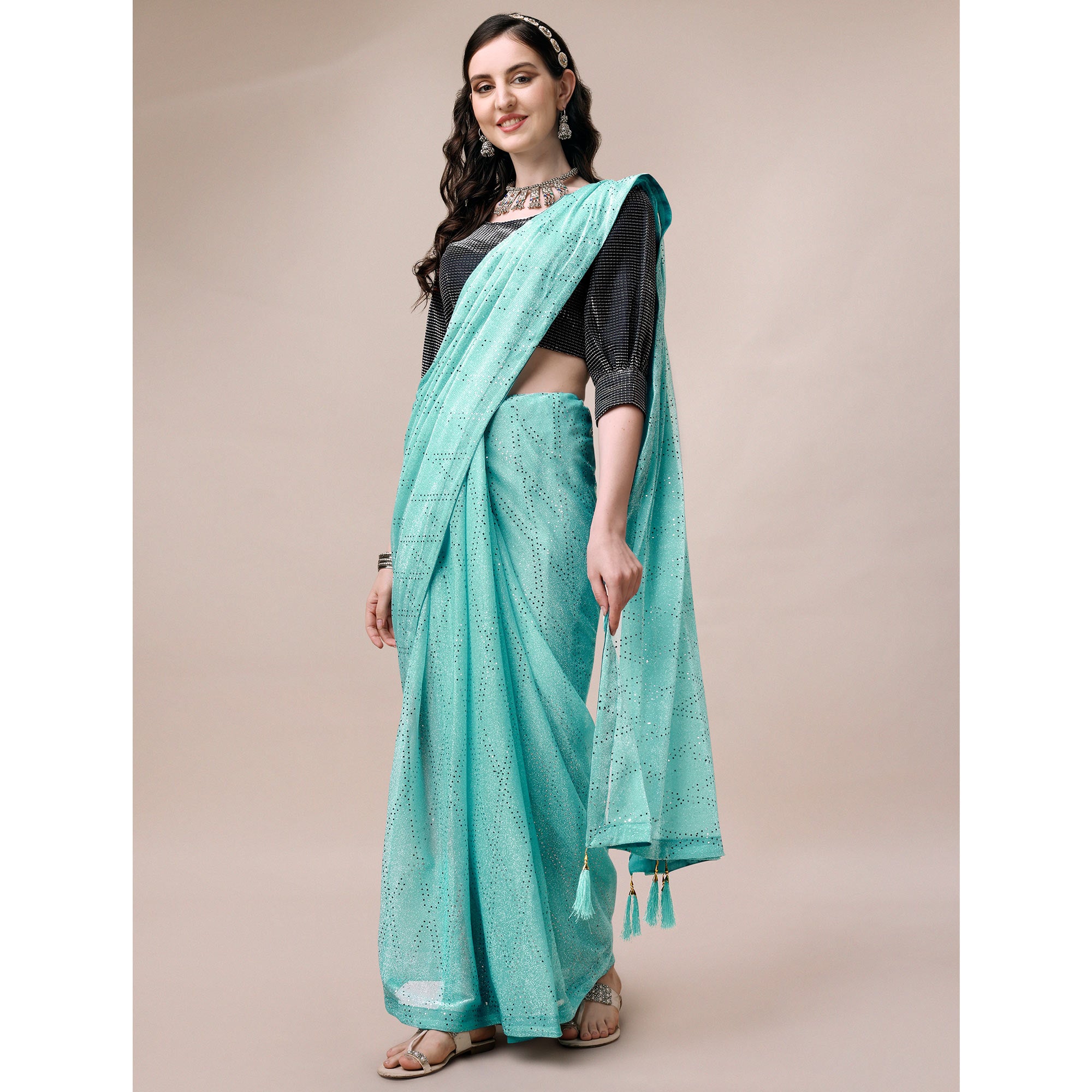 Turquoise Foil Printed Raw Silk Saree