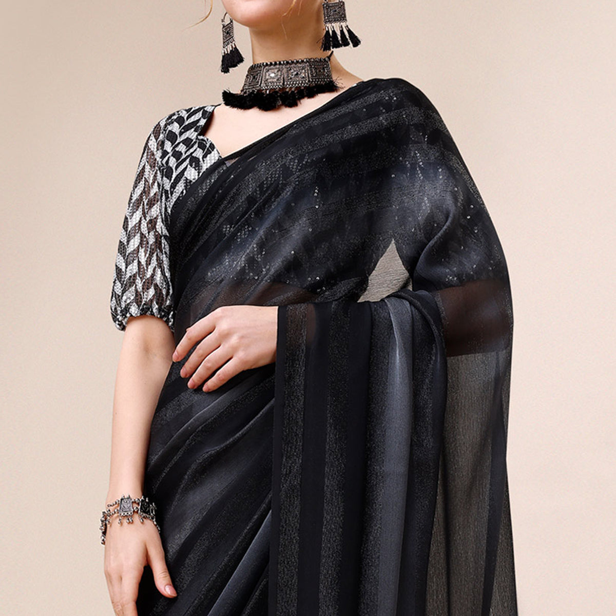 Black Striped Woven Chiffon Saree