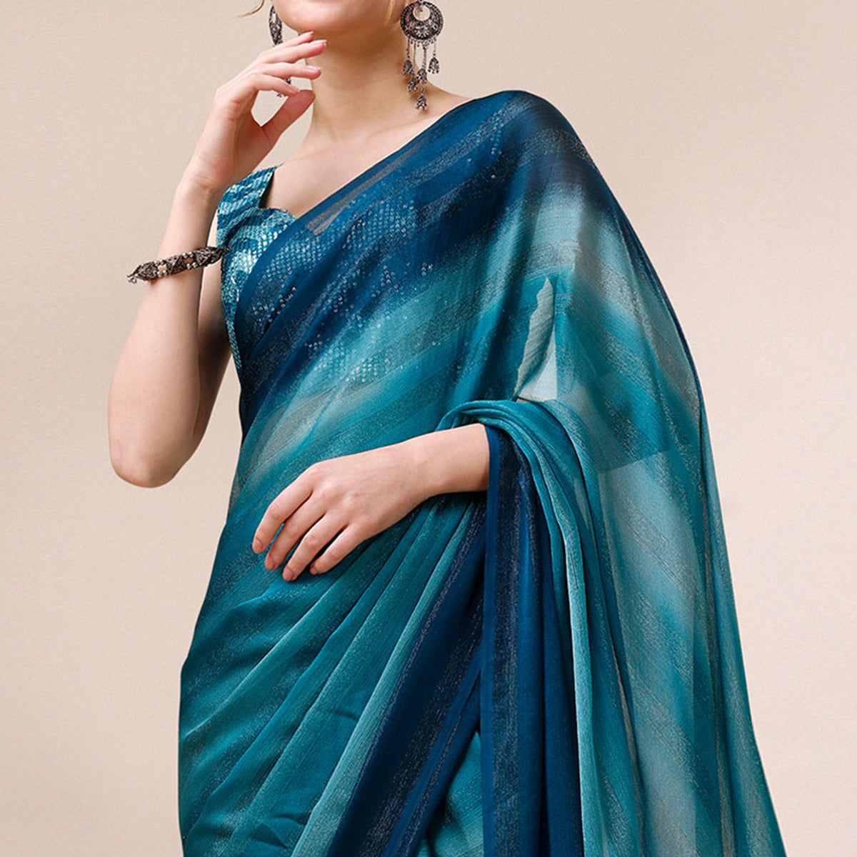 Teal Blue Striped Woven Chiffon Saree