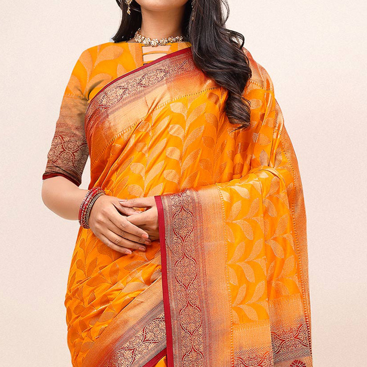 Orange Woven Dola Silk Saree With Tassels