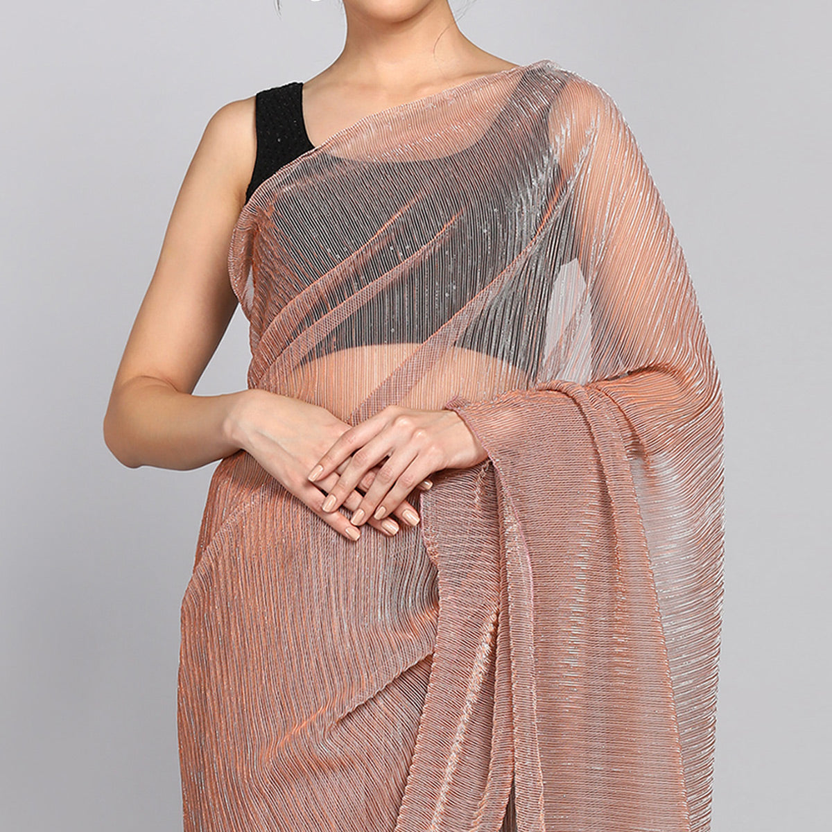 Peach Solid Lycra Crush Saree