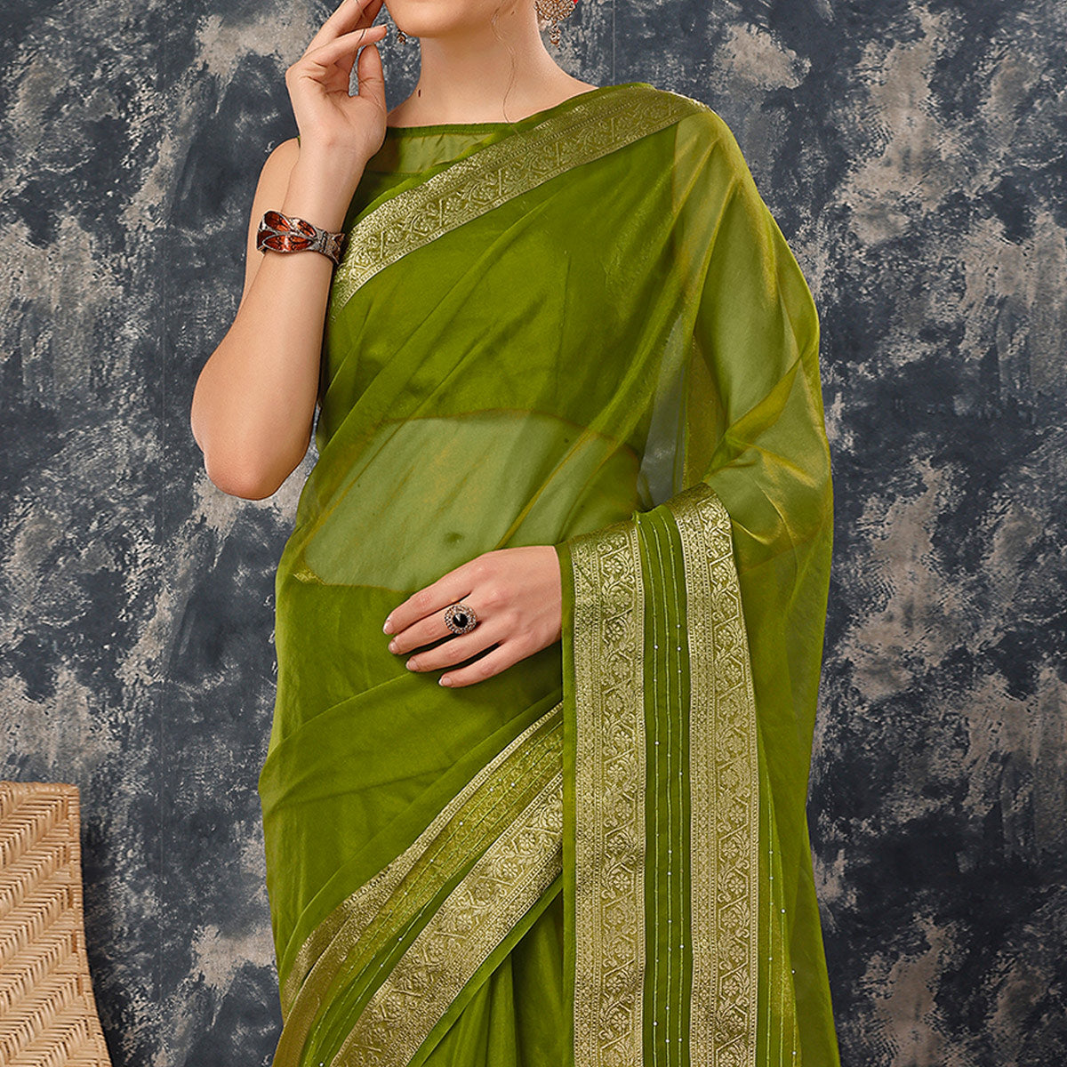 Mehendi Green Floral Zari Woven Organza Saree