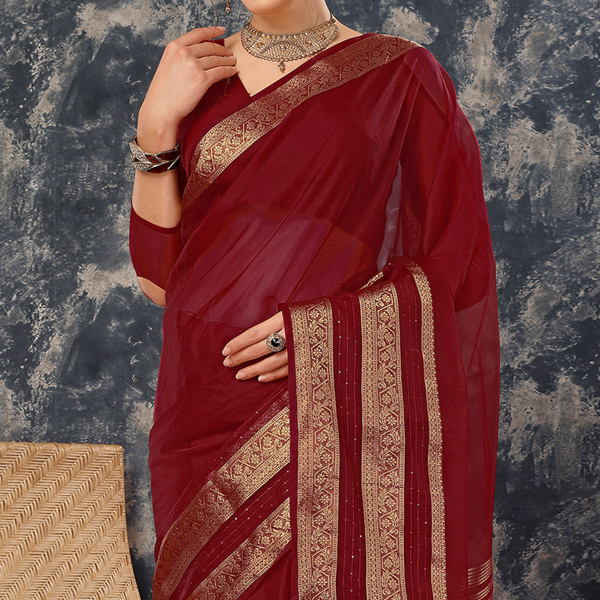 Maroon Floral Zari Woven Organza Saree