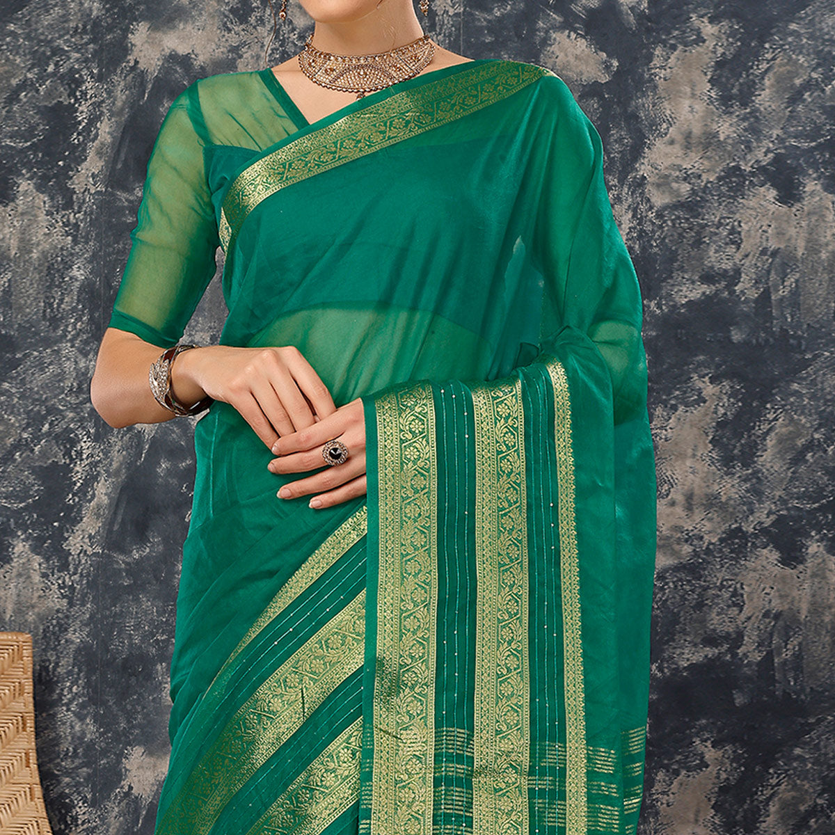 Green Floral Zari Woven Organza Saree