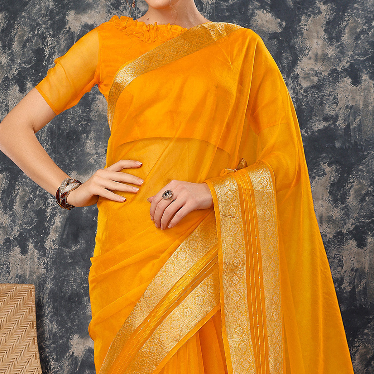 Yellow Floral Zari Woven Organza Saree