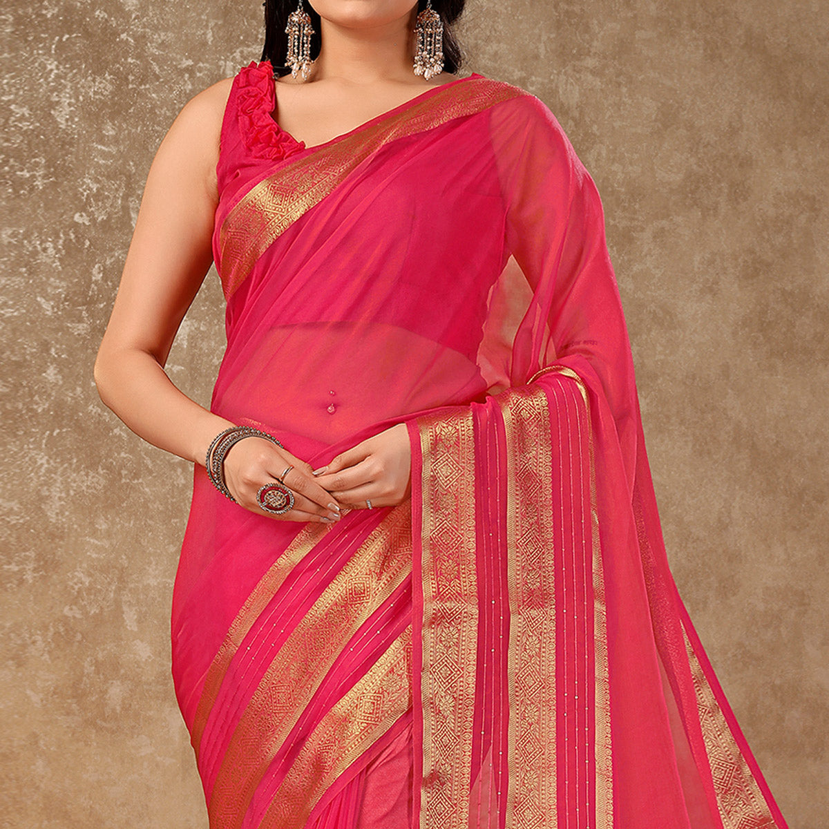 Pink Floral Zari Woven Organza Saree