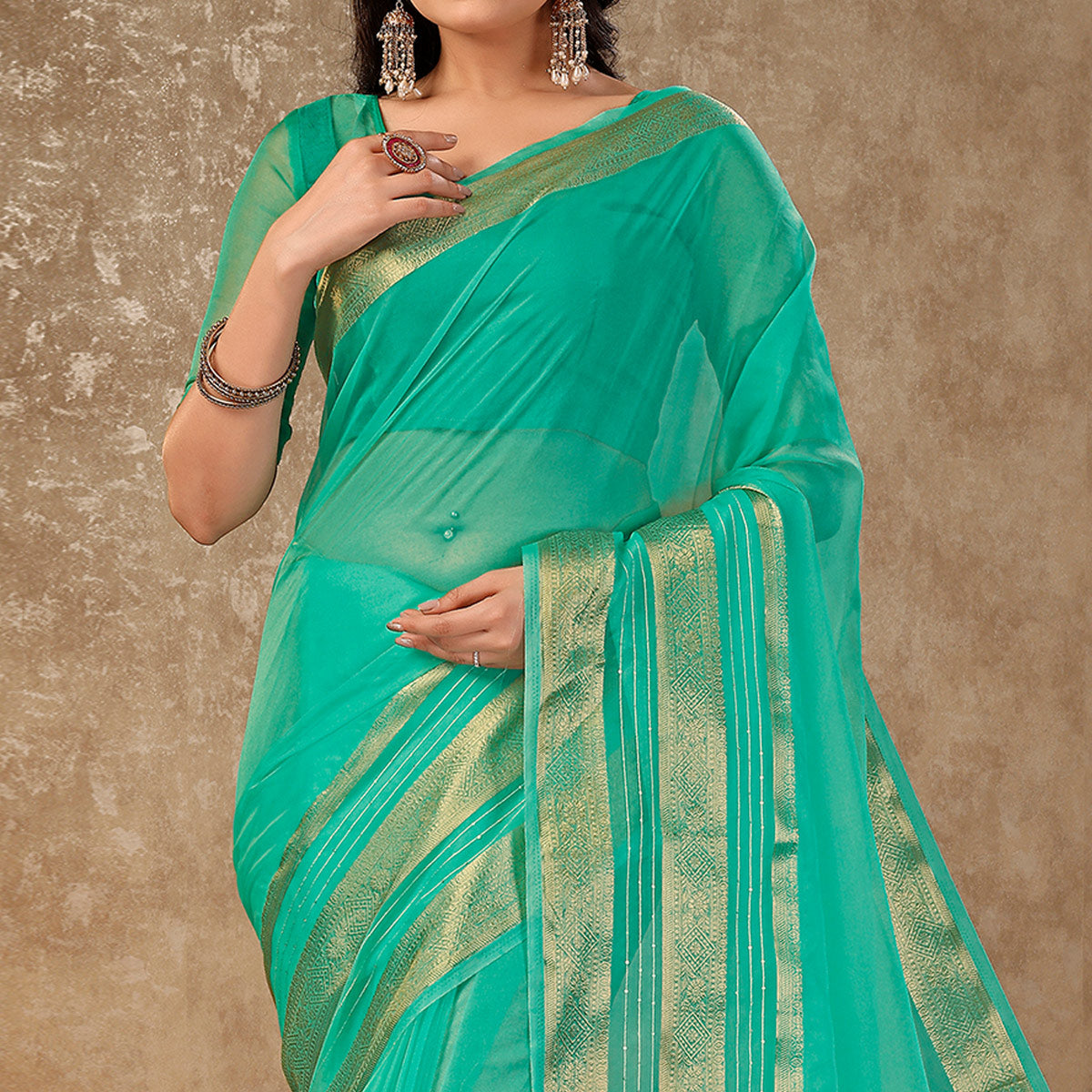 Rama Green Floral Zari Woven Organza Saree