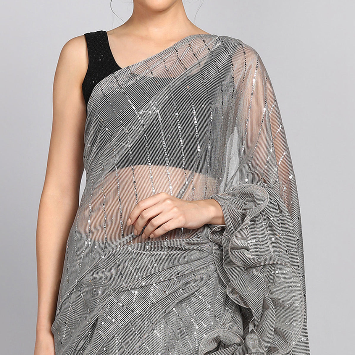 Grey Tikki Work Lycra Ruffle Saree