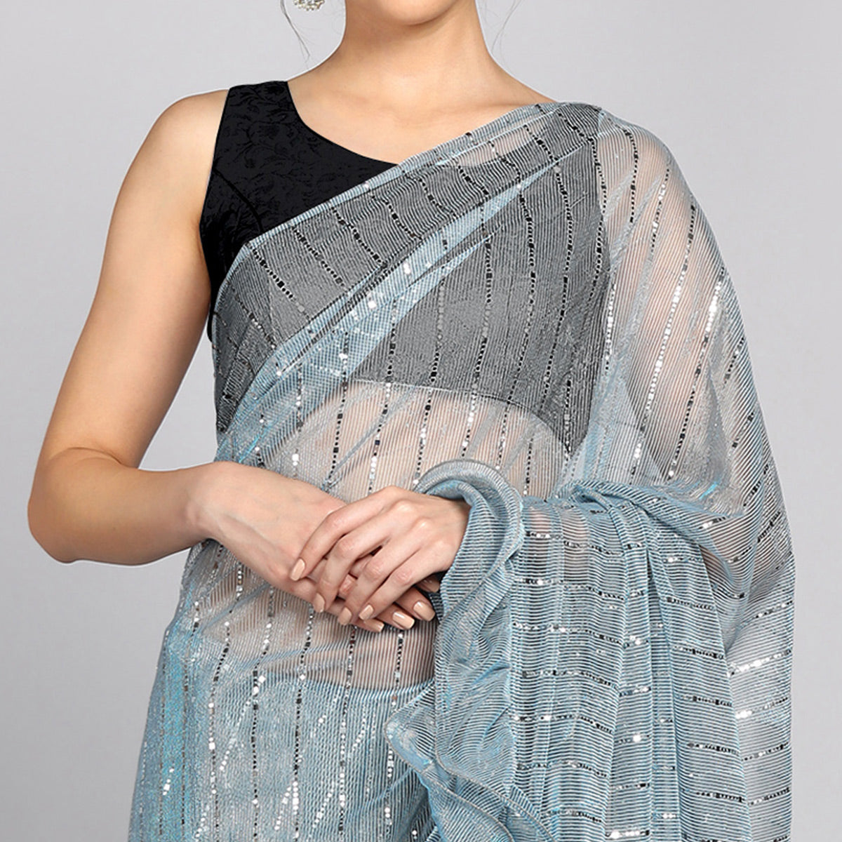 Sky Blue Tikki Work Lycra Ruffle Saree