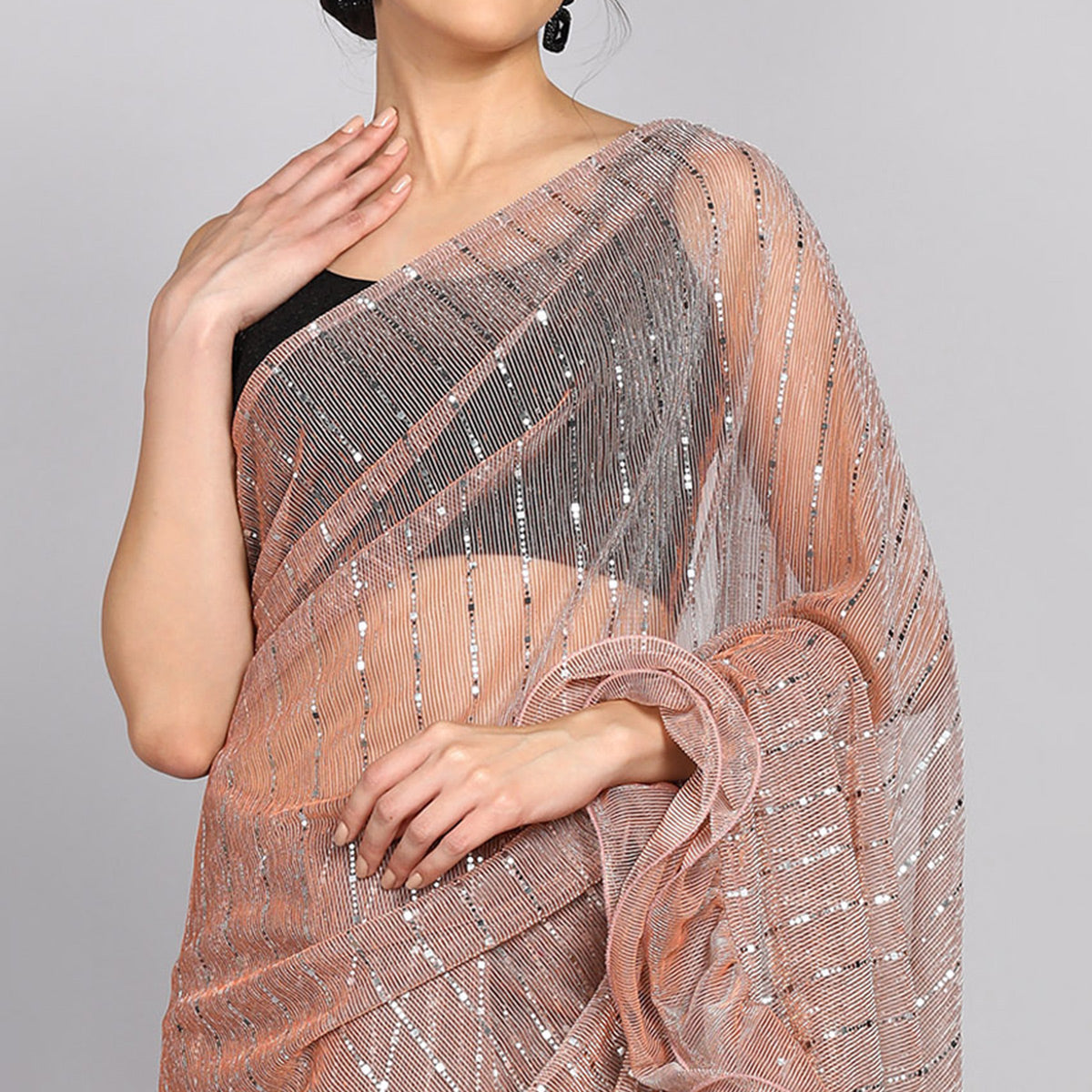 Peach Tikki Work Lycra Ruffle Saree