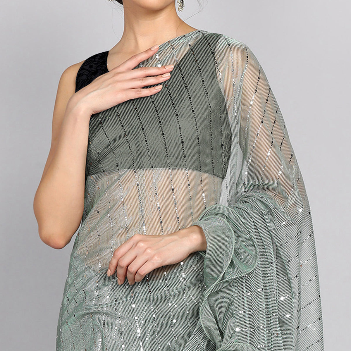 Pista Green Tikki Work Lycra Ruffle Saree