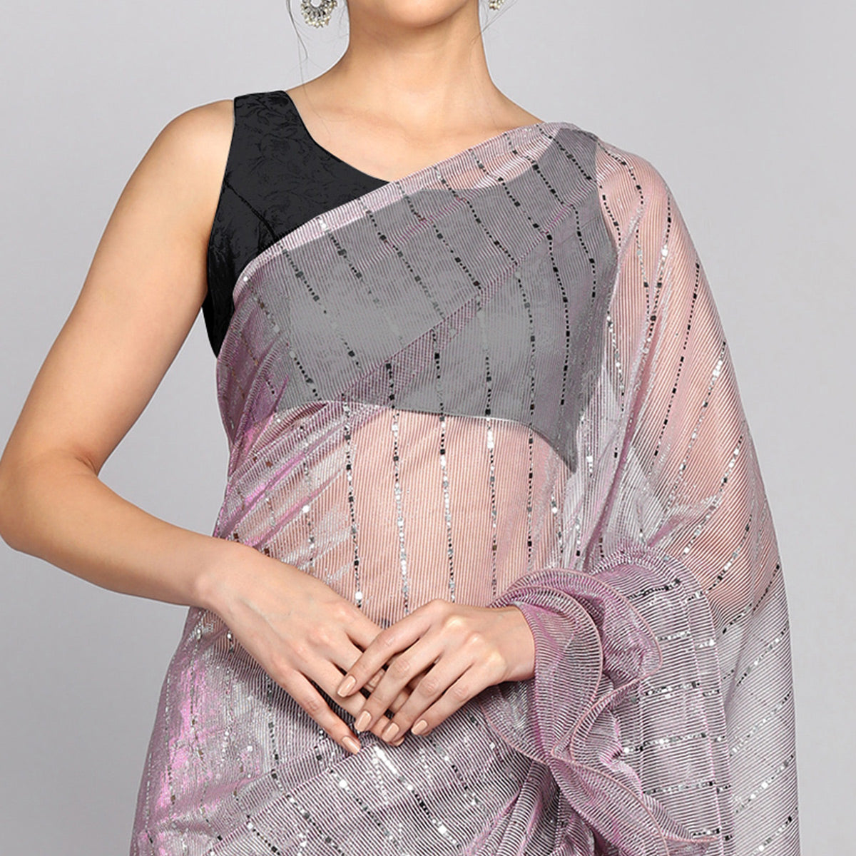 Light Mauve Tikki Work Lycra Ruffle Saree