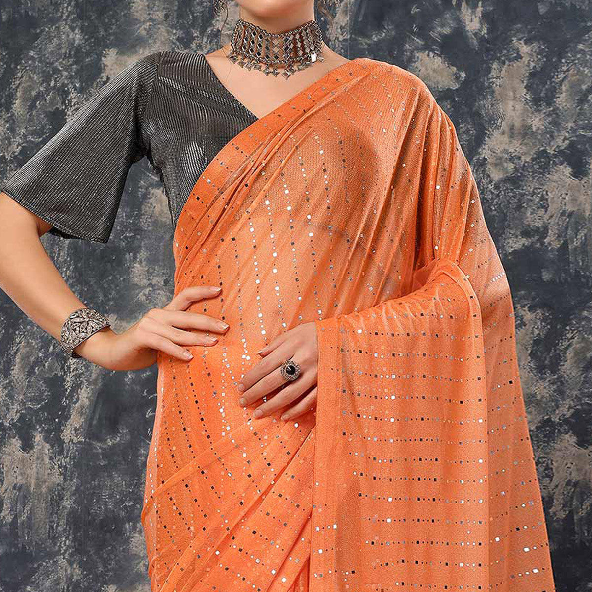 Orange Tikali Work Lycra Saree With Tassels