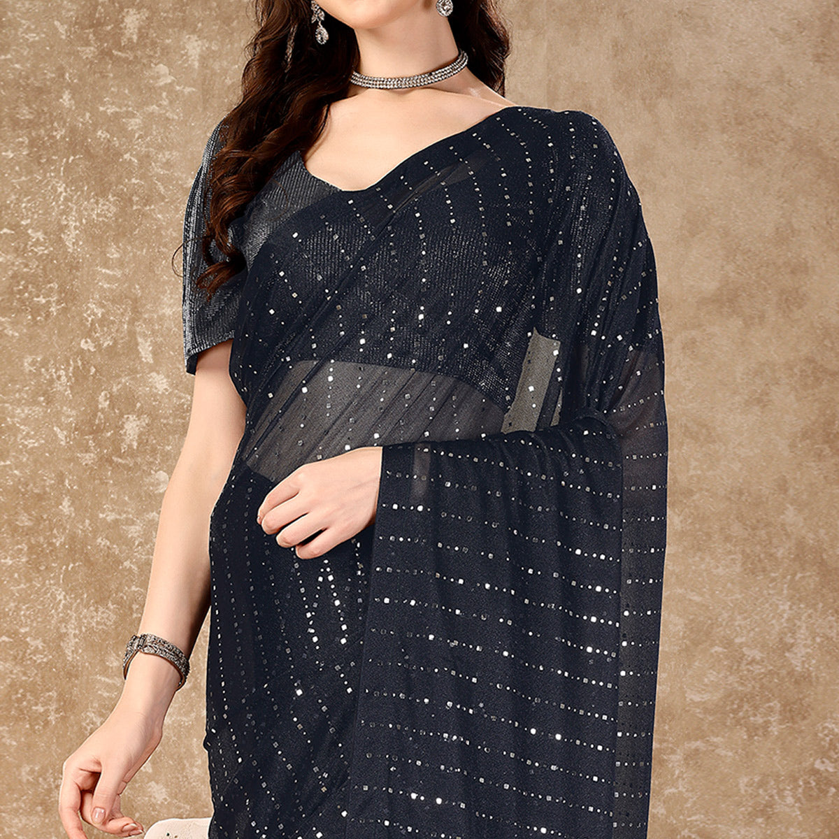 Dark Blue Tikali Work Lycra Saree With Tassels