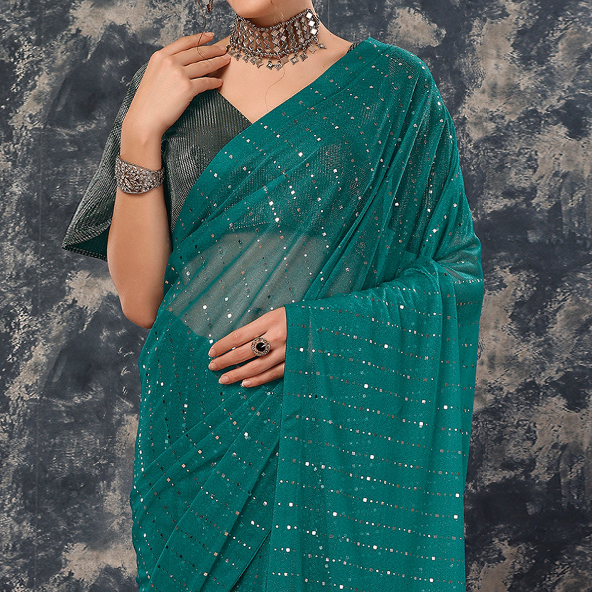 Teal Tikali Work Lycra Saree With Tassels