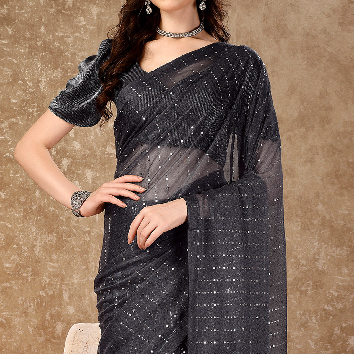 Grey Tikali Work Lycra Saree With Tassels