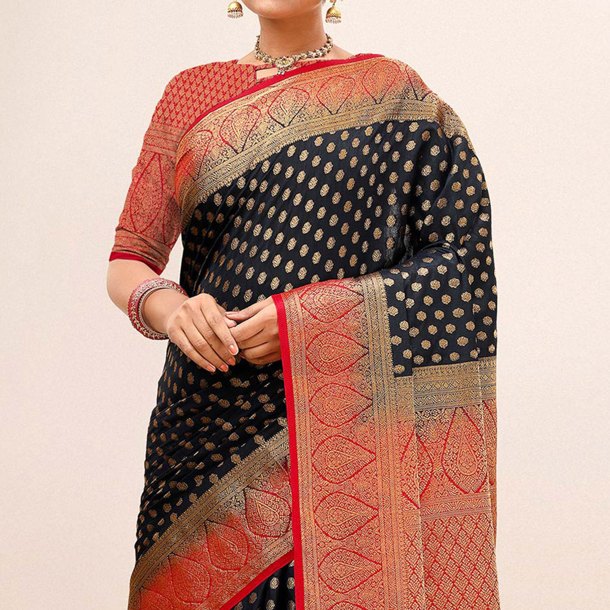 Black Woven Dola Silk Saree With Tassels