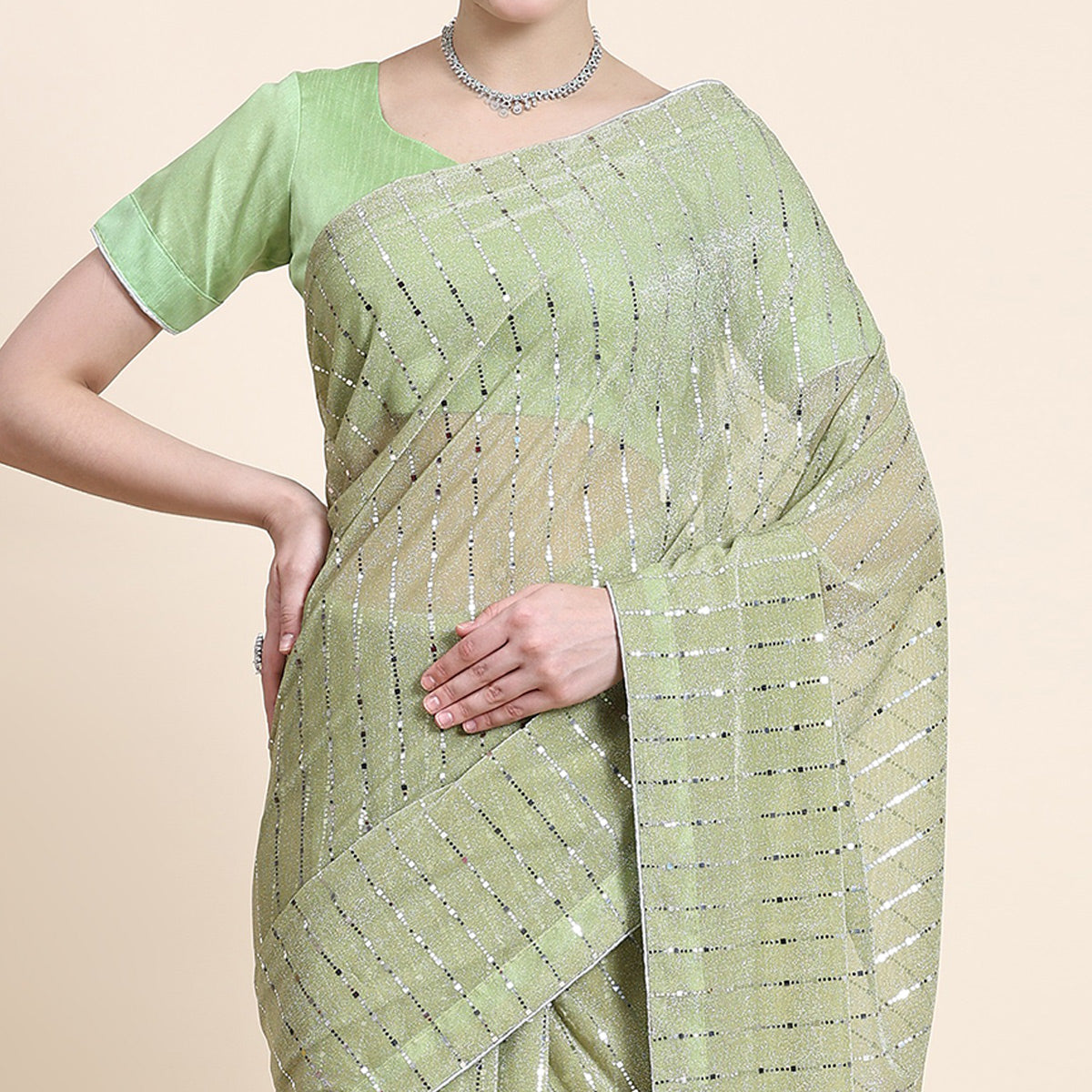 Pista Green Tikali Work Lycra Saree