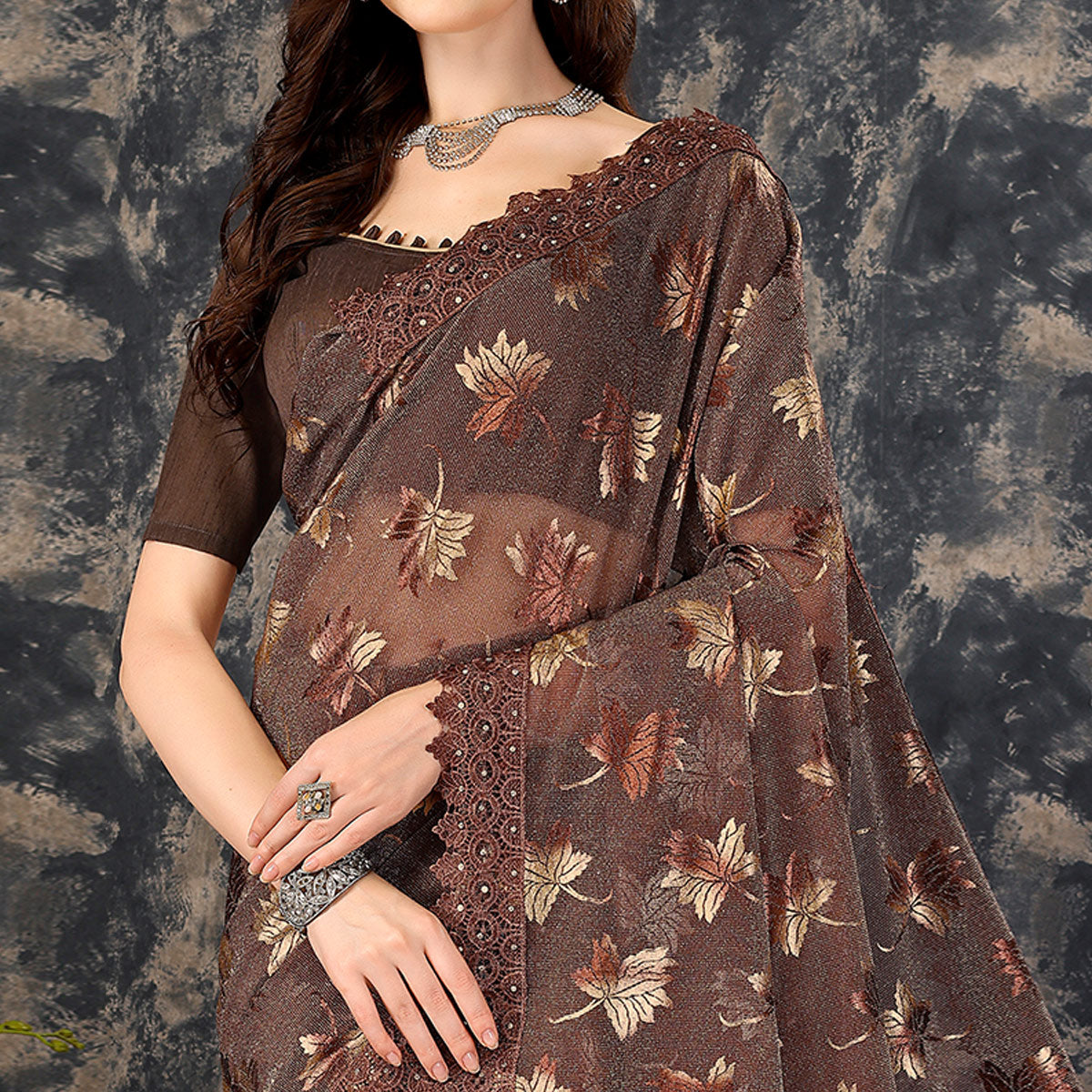 Brown Foil Printed Lycra Saree With Embroidered Lace Border